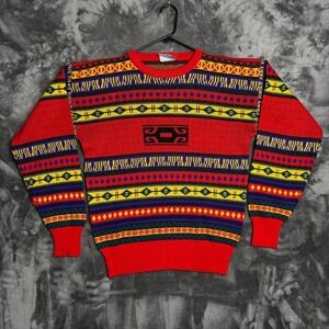 Vintage Meister Sweater Mens Red Geometric Southwestern Wool Blend Knit Pullover